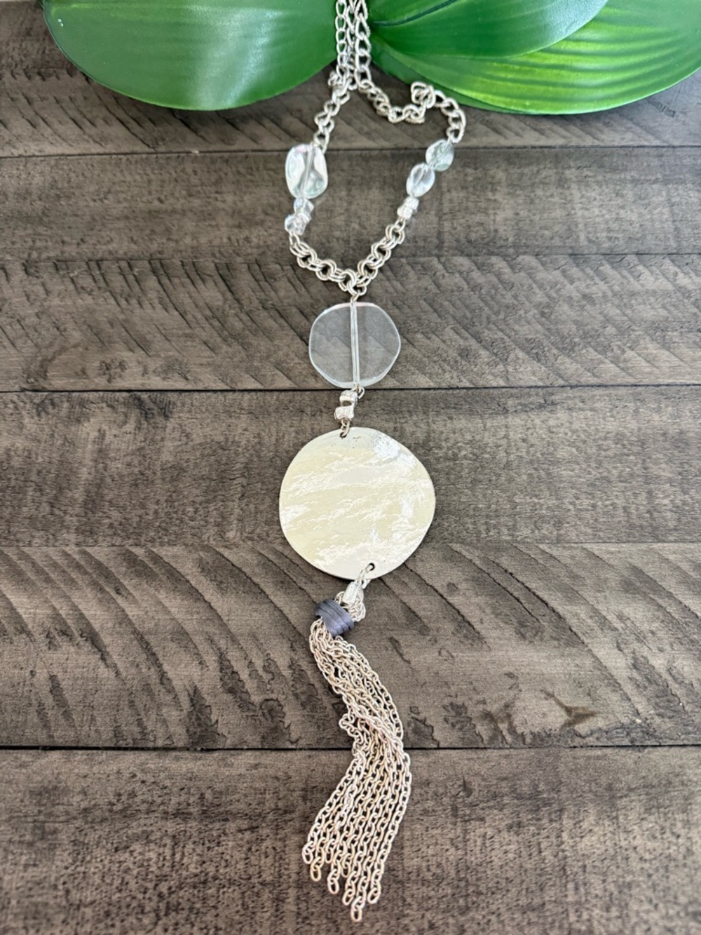 Chico's Silver-Tone Disc Tassel Necklace with Clear Beads